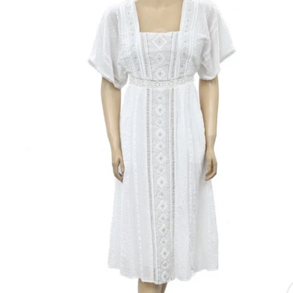 Anthropologie White Embroidered Midi Dress